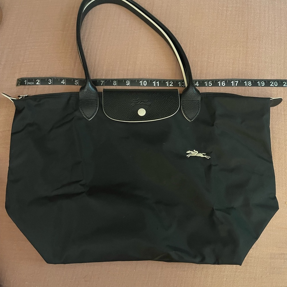 Longchamp Black Tote with White Accents/Silver Hardware